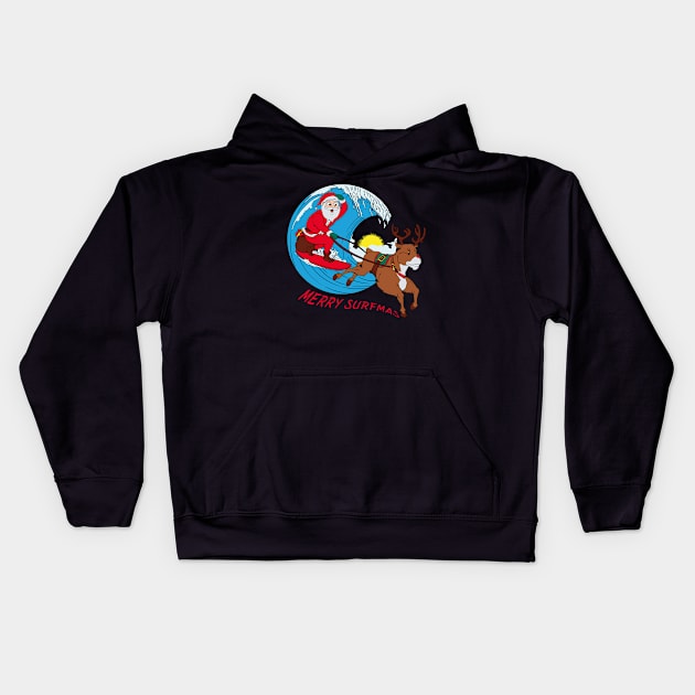 Funny Surfing Santa Clause With Reindeer Rudolph Kids Hoodie by gdimido